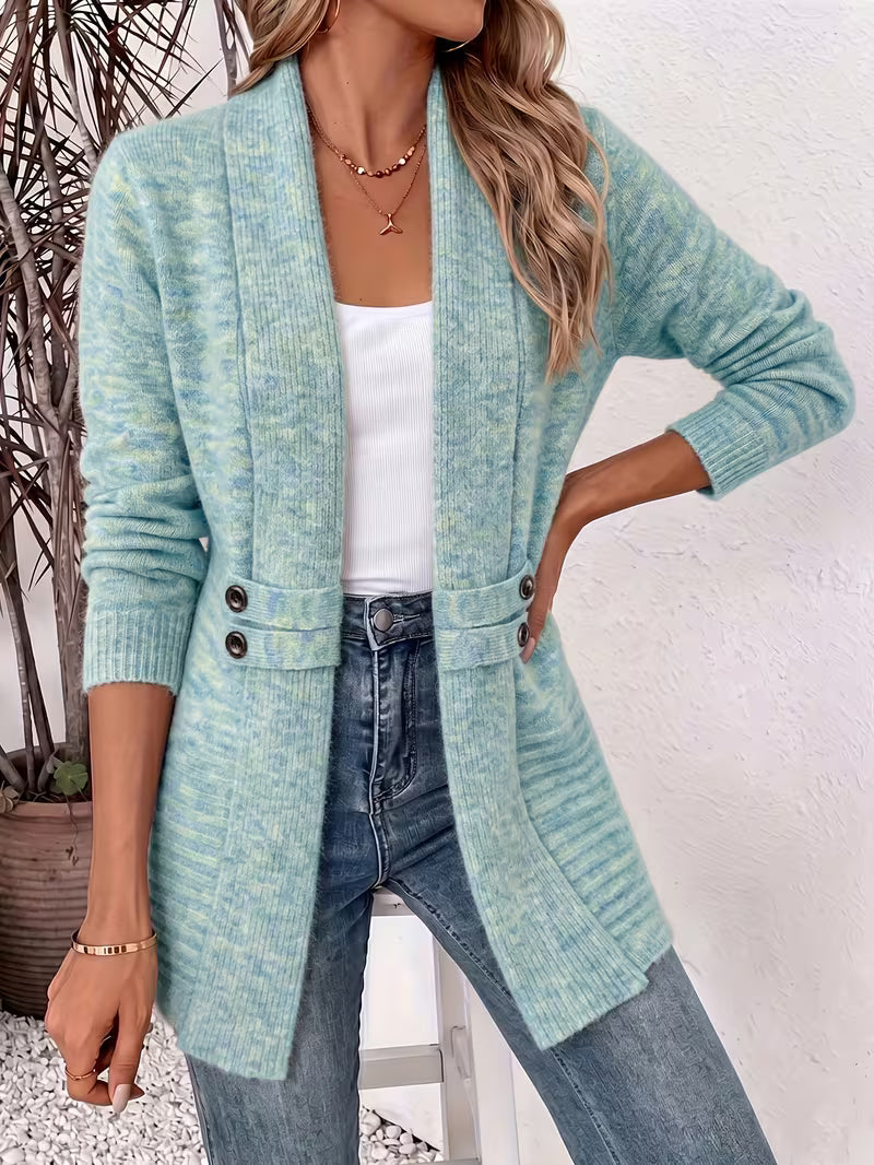 Shawl Collar Open Front Button Tab Ribbed Cardigan