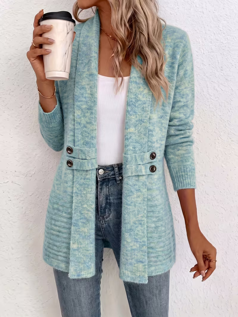 Shawl Collar Open Front Button Tab Ribbed Cardigan