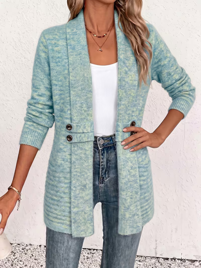 Shawl Collar Open Front Button Tab Ribbed Cardigan