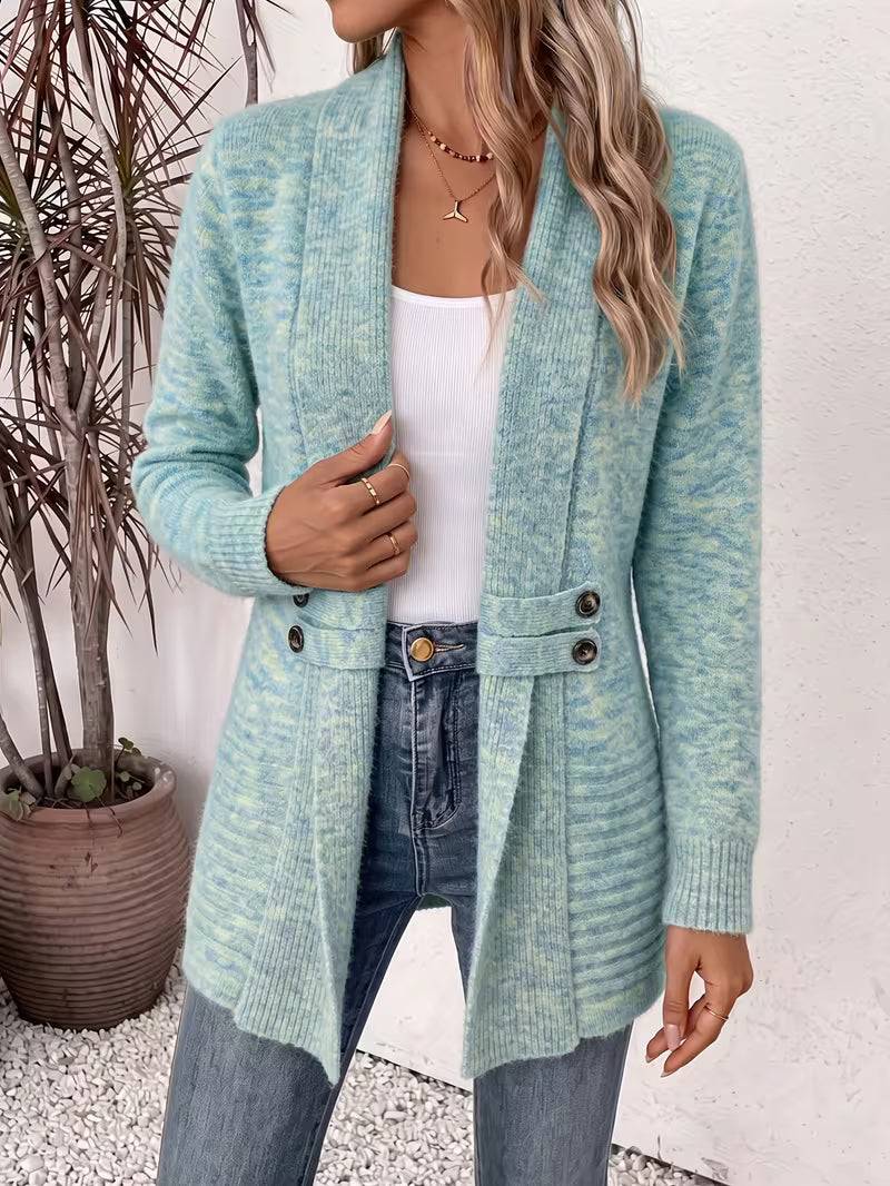 Shawl Collar Open Front Button Tab Ribbed Cardigan