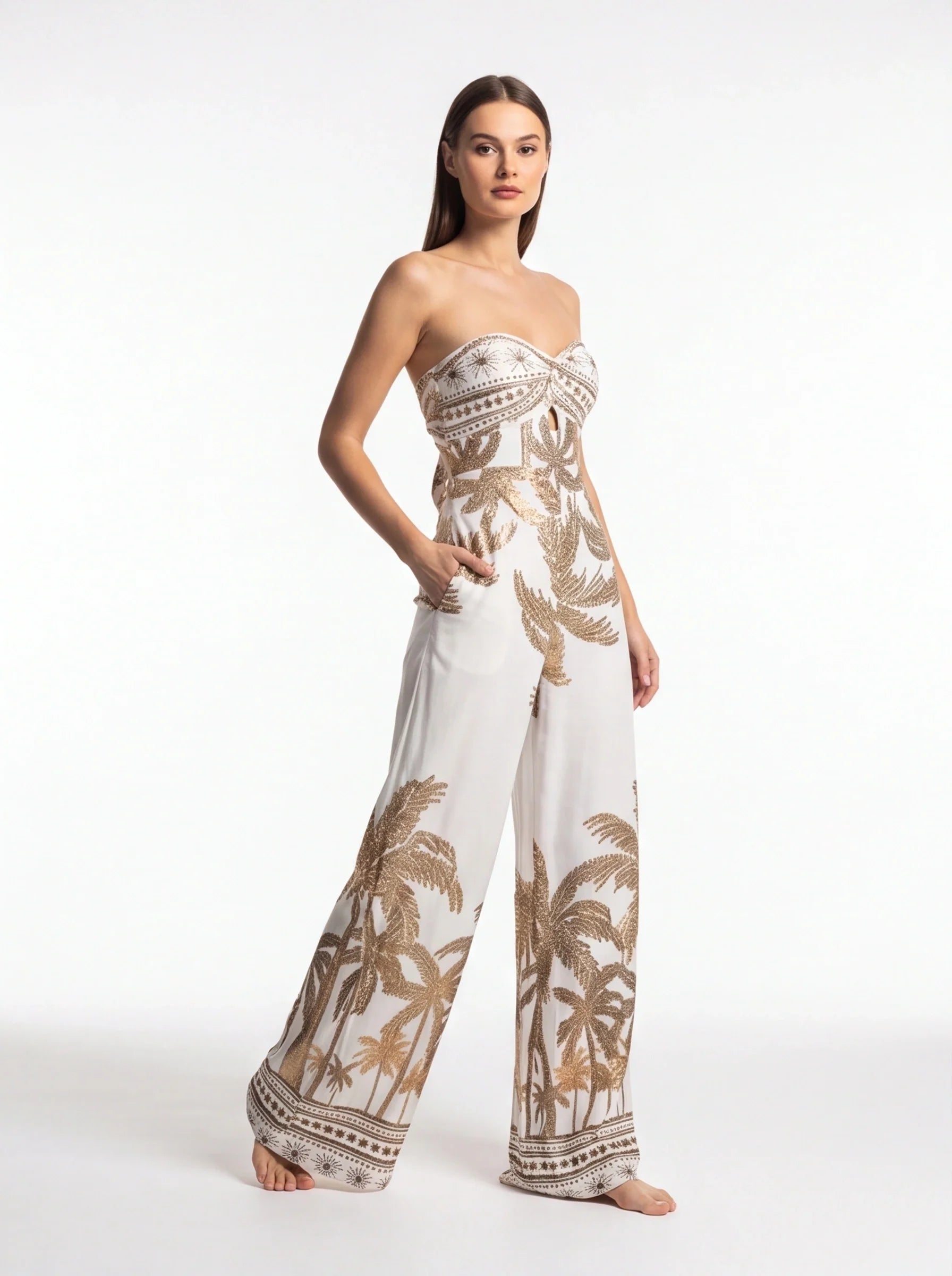 Stylish Tropical Casual Jumpsuit with Adjustable Straps & Pockets