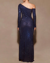 Off Shoulder Long Sleeve Sequin Mesh Maxi Dress 10