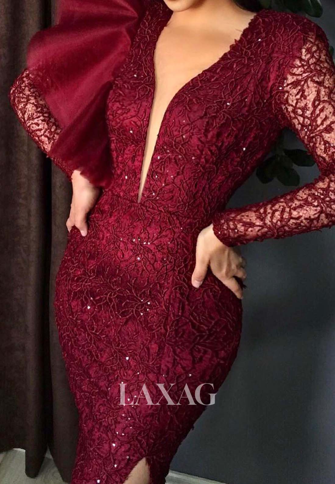 Deep V-Neck Long-Sleeves Evening Gowns Beaded Allover Lace Cutout Mermaid Prom Dress with Slit