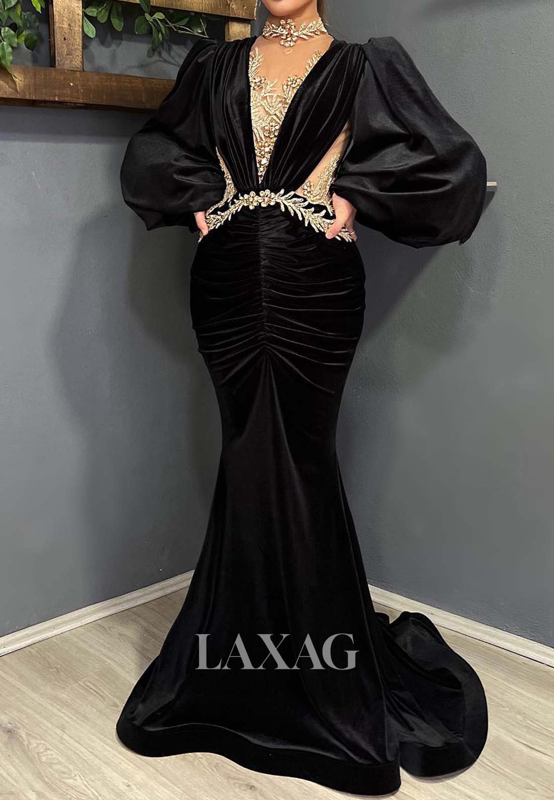 Deep V-Neck Long-Puff-Sleeves Satin Formal Gowns Beaded Pleated Cutout Mermaid Evening Dress