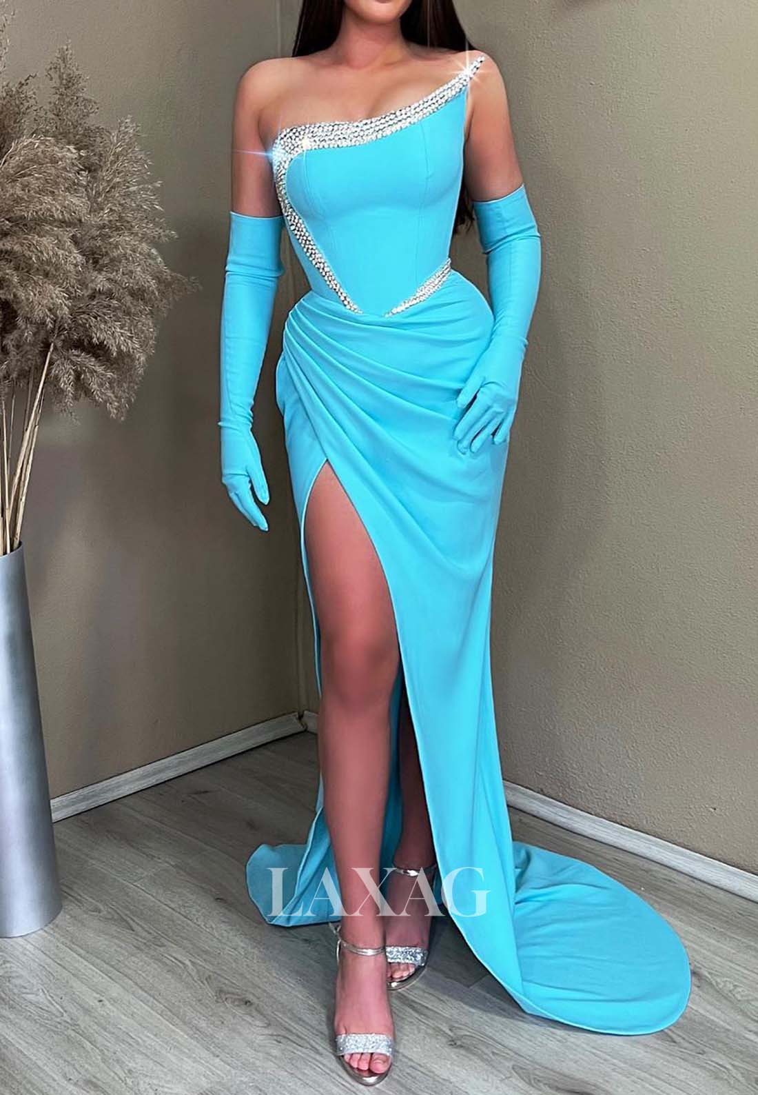 Off-Shoulder Beaded Pleated Satin Formal Gowns Asymmetrical-Neck Mermaid Evening Dress with Gloves