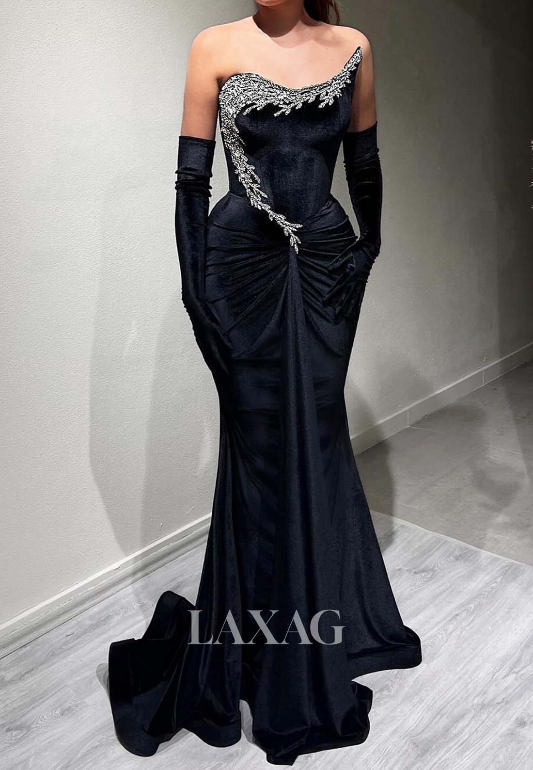 Asymmetrical-Neck Off-Shoulder Mermaid Evening Dress Beaded Pleated Satin Formal Gowns with Gloves