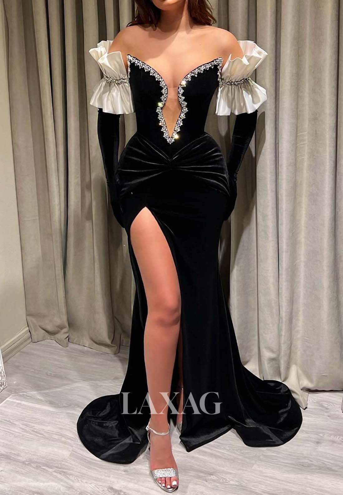 Plunging V-Neck Off-Shoulder Mermaid Evening Gowns Beaded Pleated High Slit Formal Gowns with Gloves