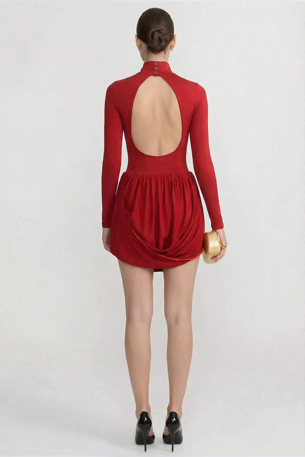 Mock Neck Long Sleeve Drop Waist Draped Bubble Skirt Mini Dress 4