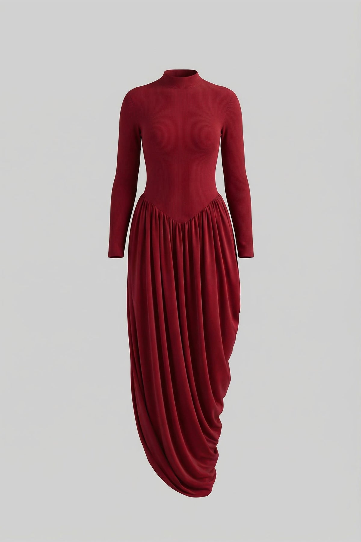 Mock Neck Long Sleeve Drop Waist Draped Asymmetric Maxi Dress 2