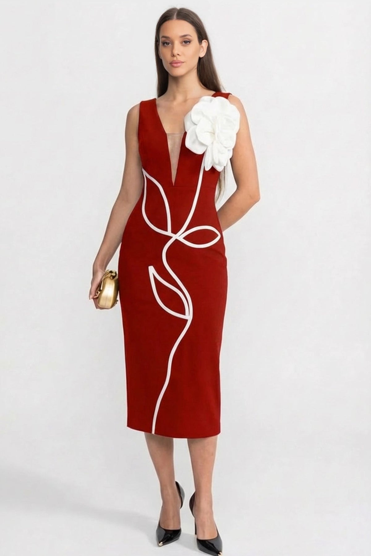 Deep V-Neck Sleeveless 3D Flower Contrast Piping Sheath Midi Dress