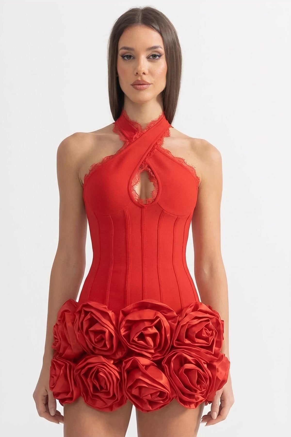 Cross Halter Neck Keyhole Lace Trim Corset 3D Rose Hem Mini Dress