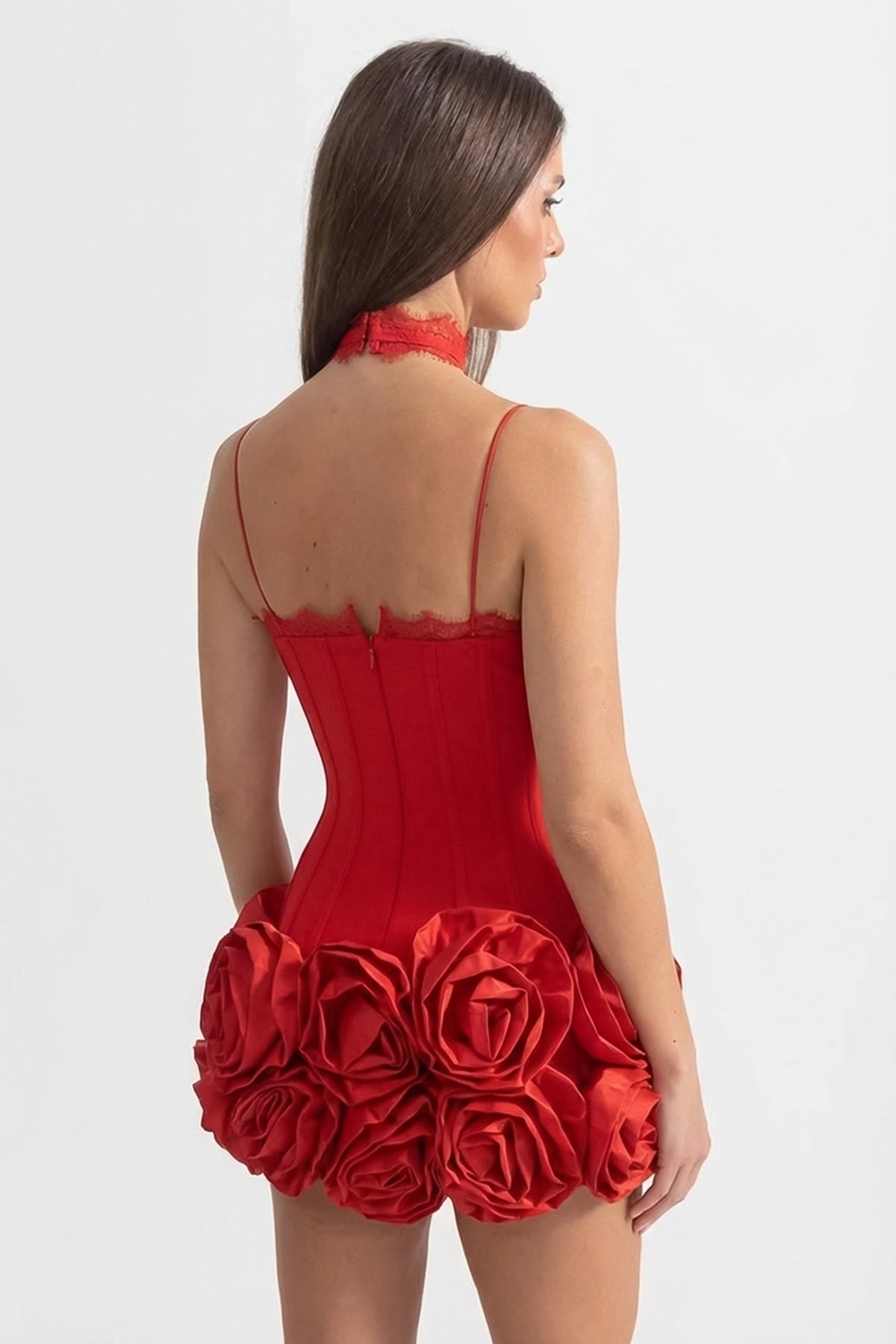 Cross Halter Neck Keyhole Lace Trim Corset 3D Rose Hem Mini Dress 6