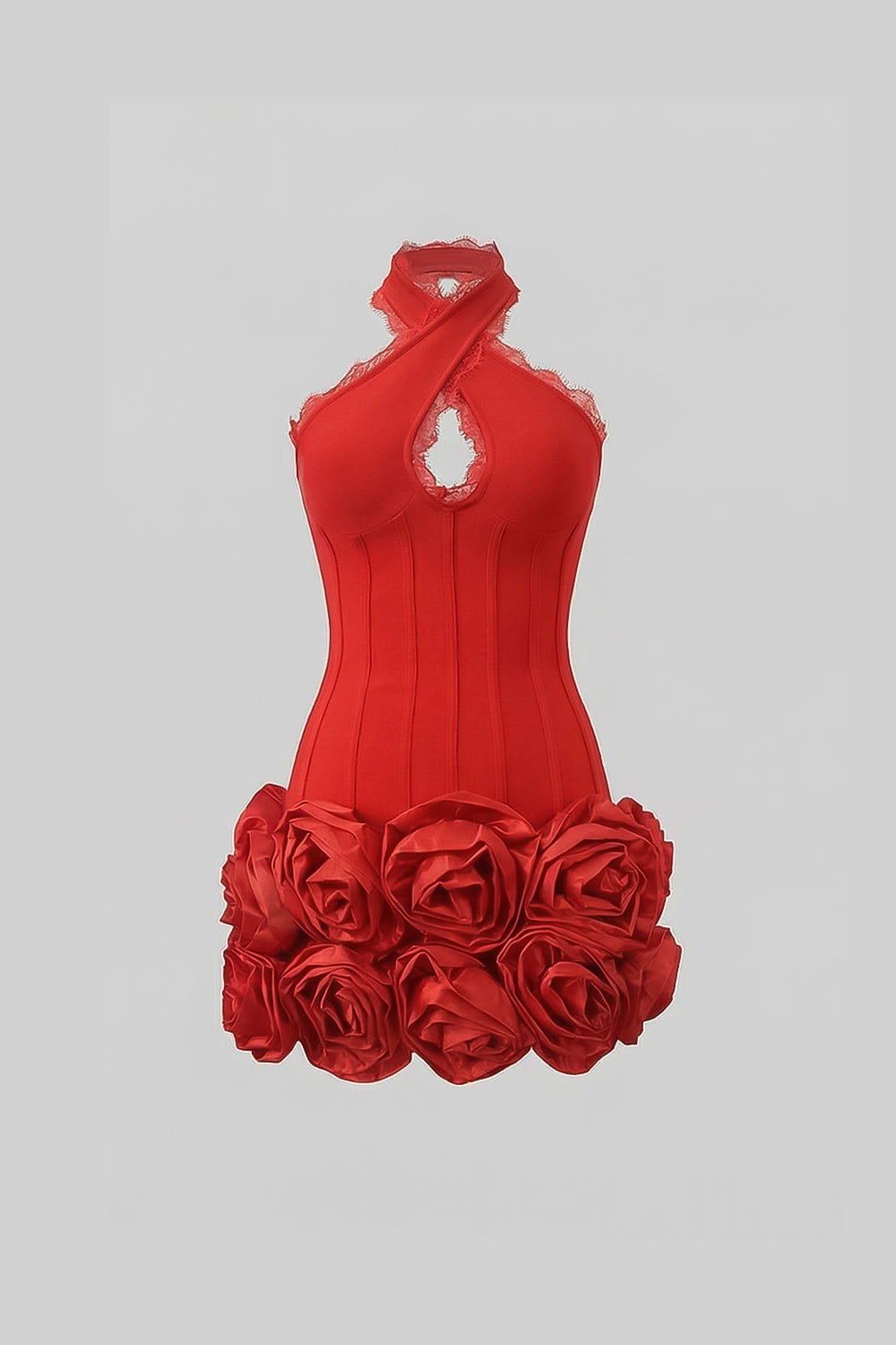 Cross Halter Neck Keyhole Lace Trim Corset 3D Rose Hem Mini Dress 2