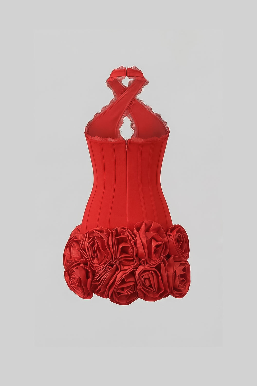 Cross Halter Neck Keyhole Lace Trim Corset 3D Rose Hem Mini Dress 5