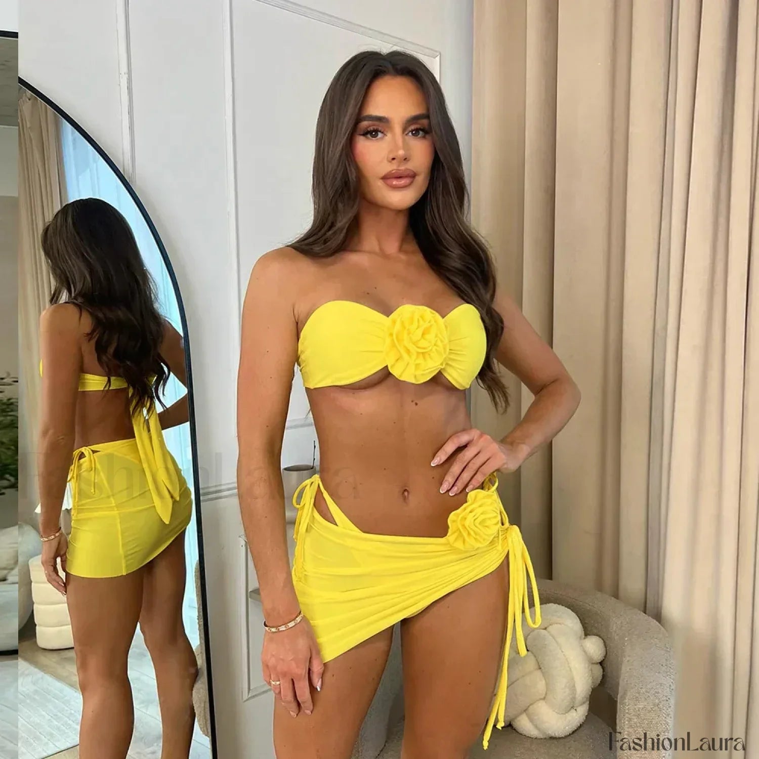 Red Lace-Up Push-Up Bikini Three Piece Set