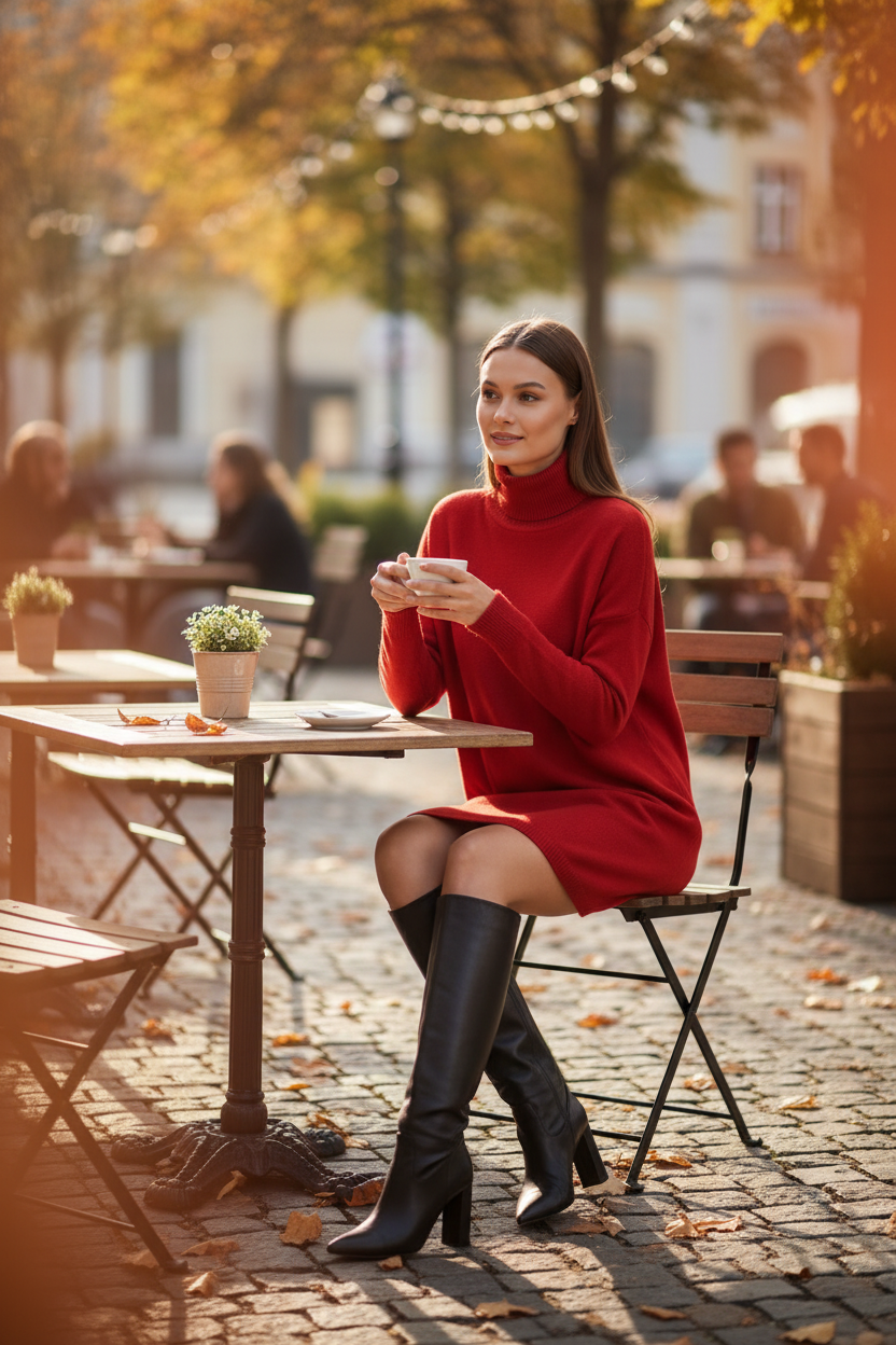 Cozy Black Turtleneck Sweater Dress with Long Sleeves and Ribbed Detail