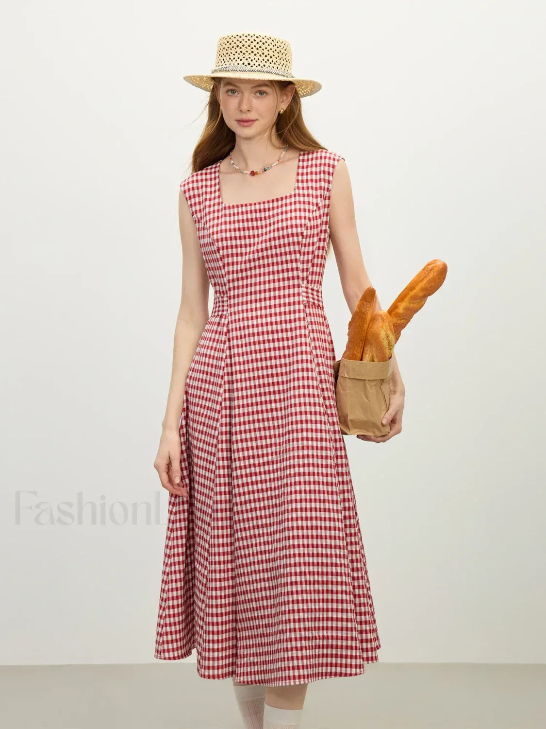 Red Plaid Sash Midi Dress