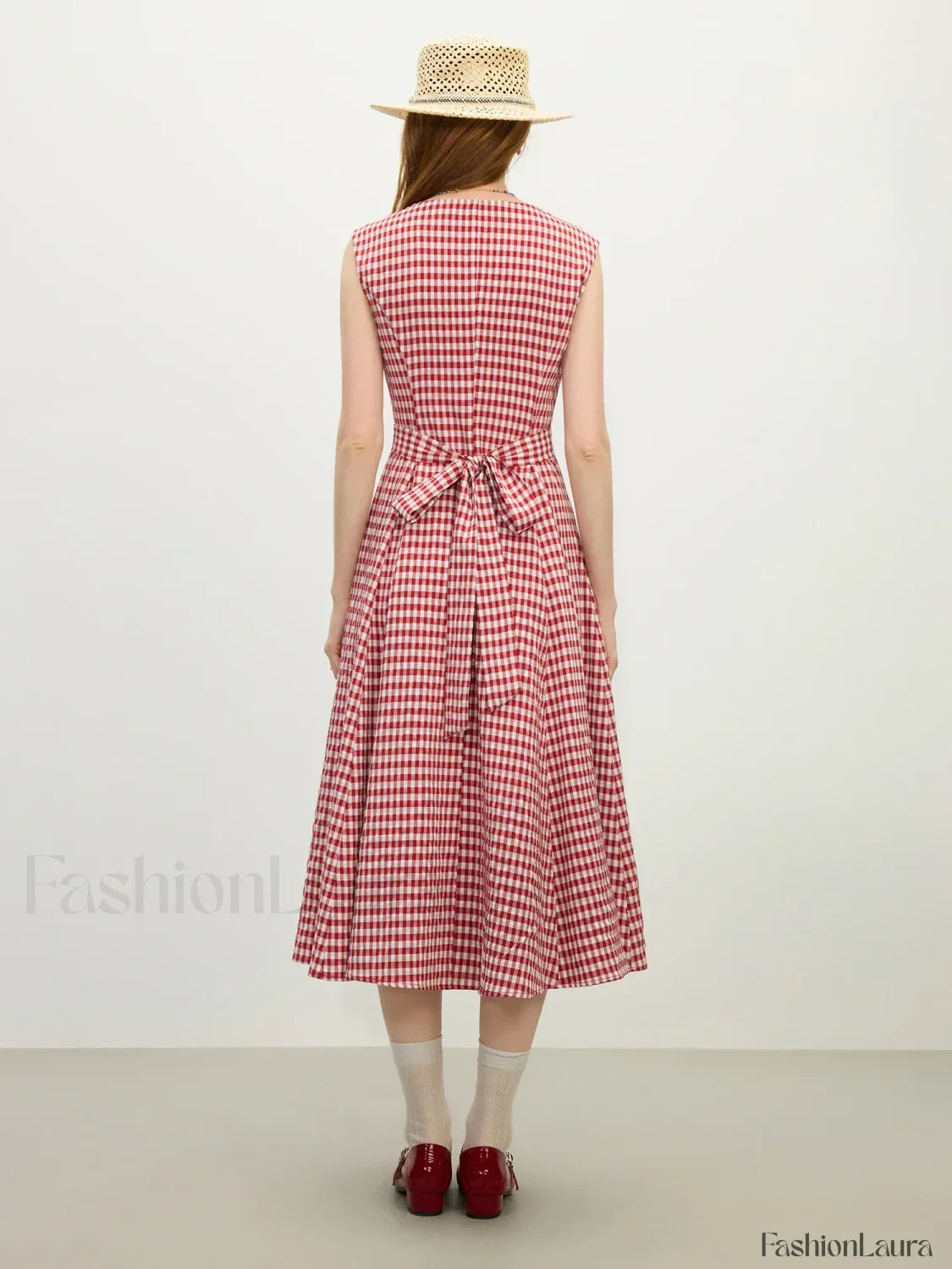 Red Plaid Sash Midi Dress