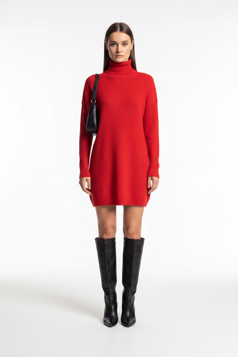 Cozy Black Turtleneck Sweater Dress with Long Sleeves and Ribbed Detail