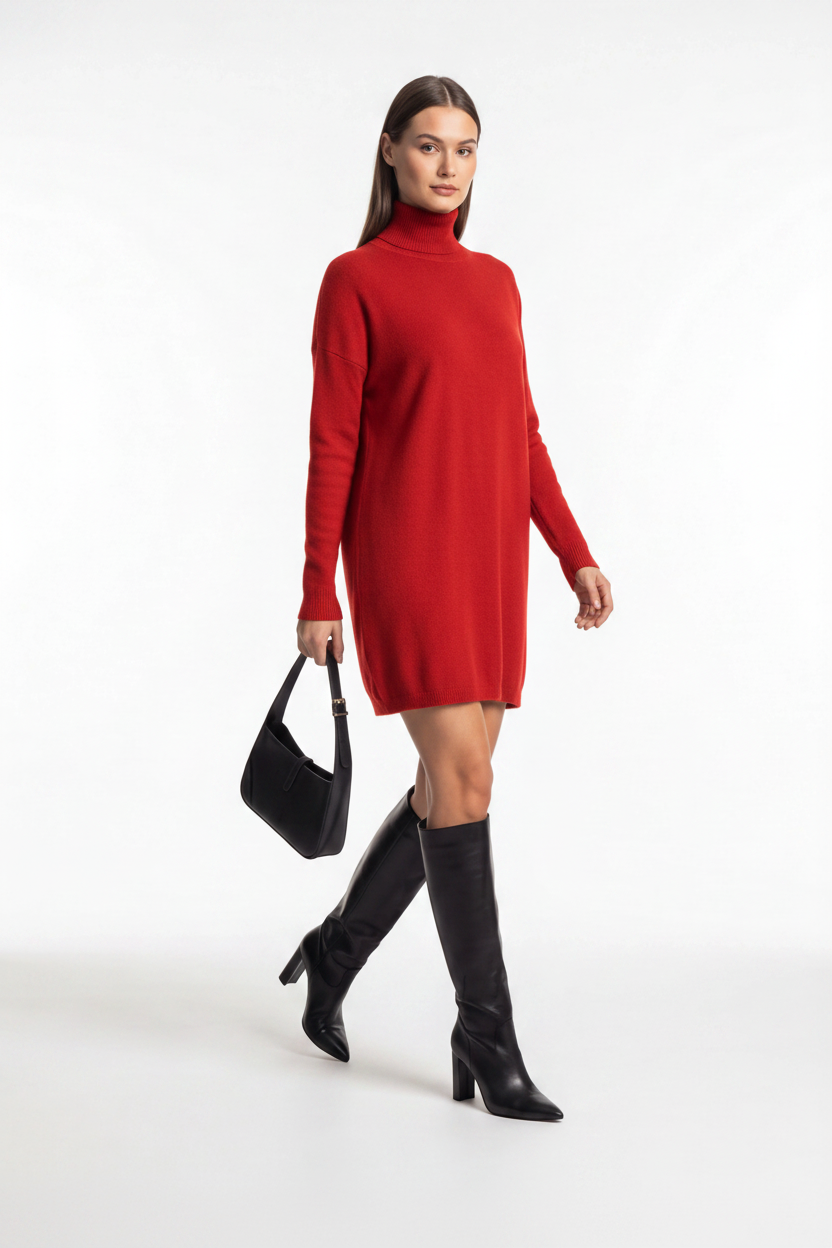 Cozy Black Turtleneck Sweater Dress with Long Sleeves and Ribbed Detail - Jamota