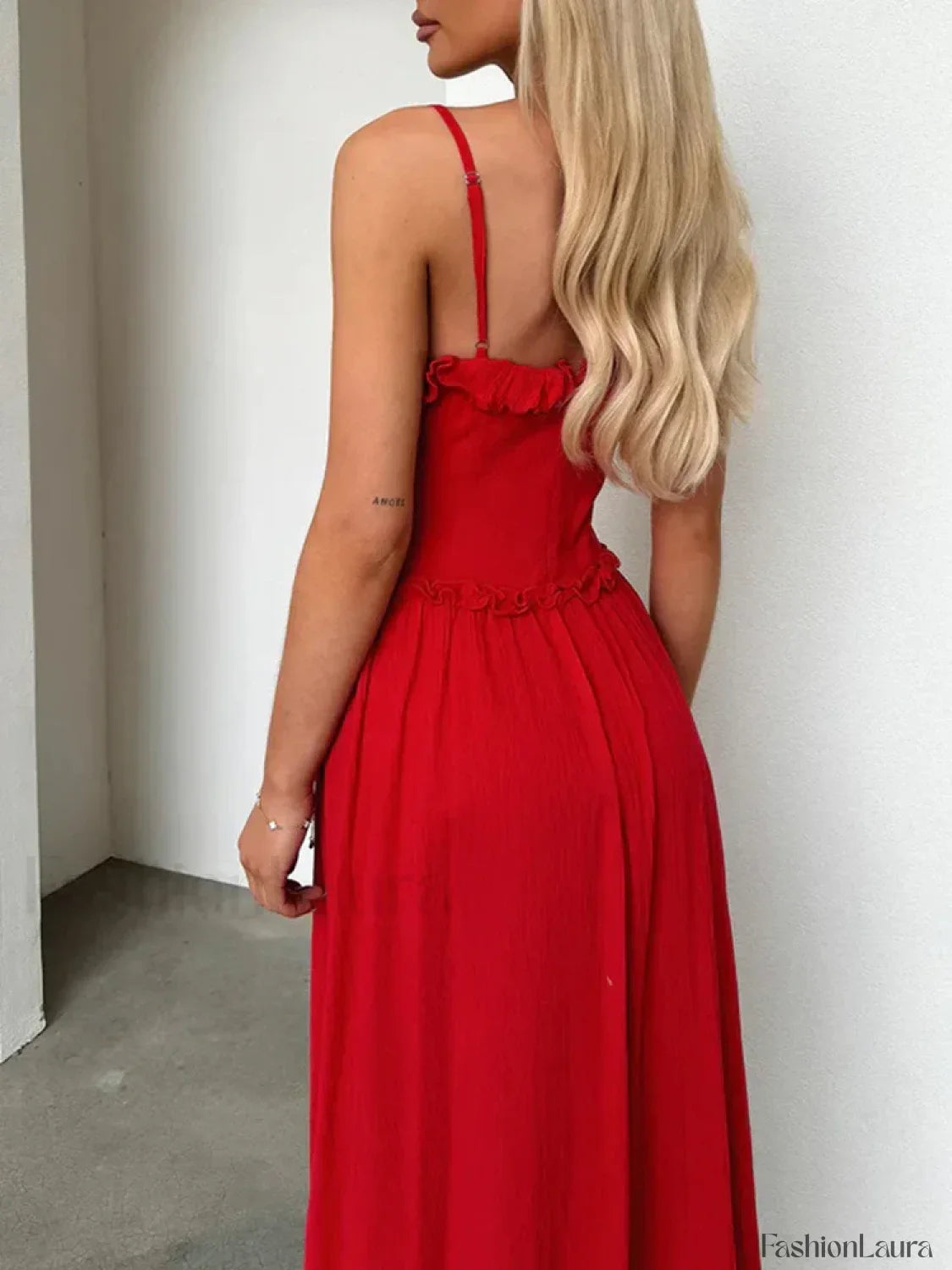 Red V-Neck Camisole Midi Dress