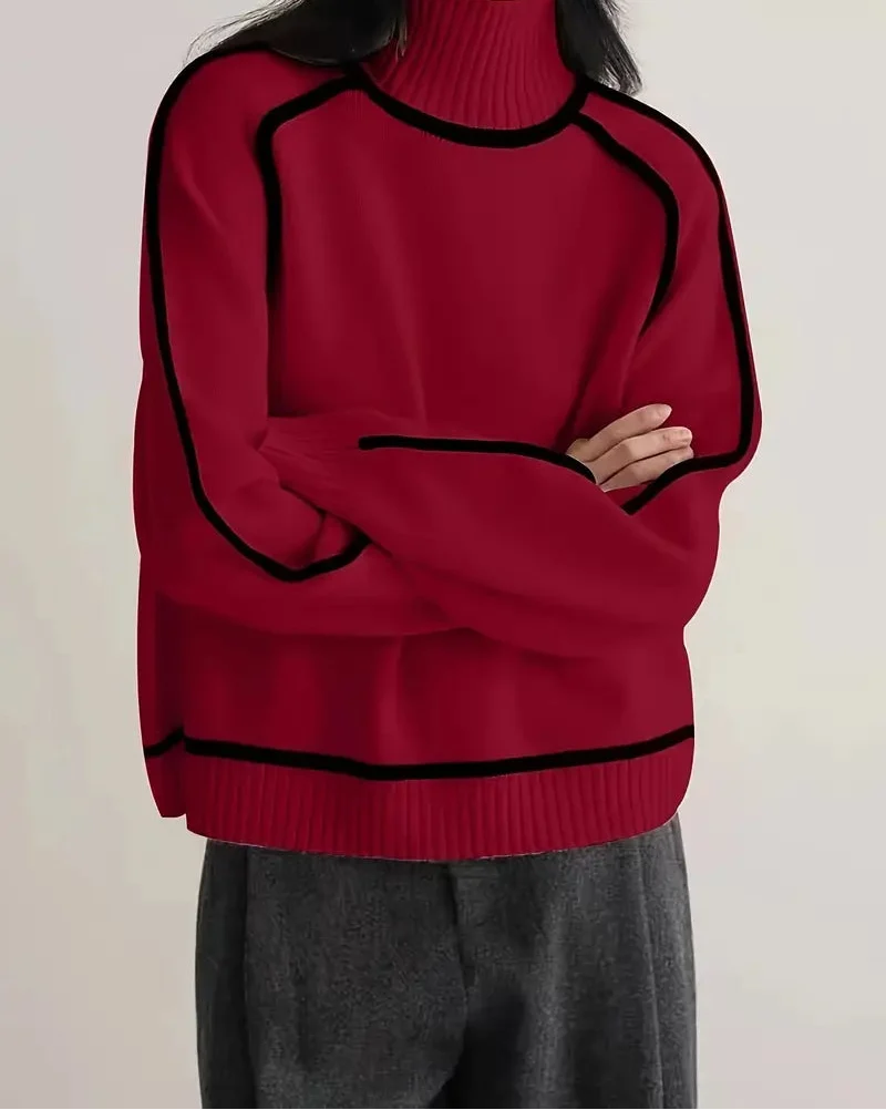 Turtleneck Long Sleeve Contrast Piping Sweater