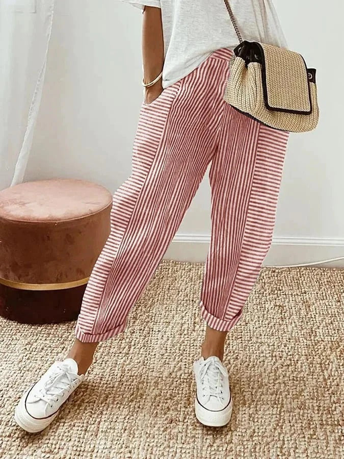 Striped High Waist Cuffed Hem Tapered Pants