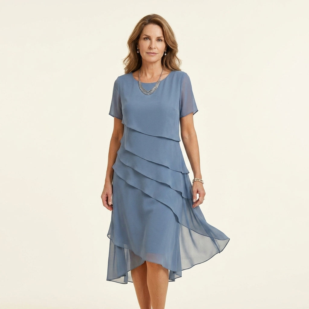 Round Neck Short Sleeve Tiered Chiffon High Low Midi Dress