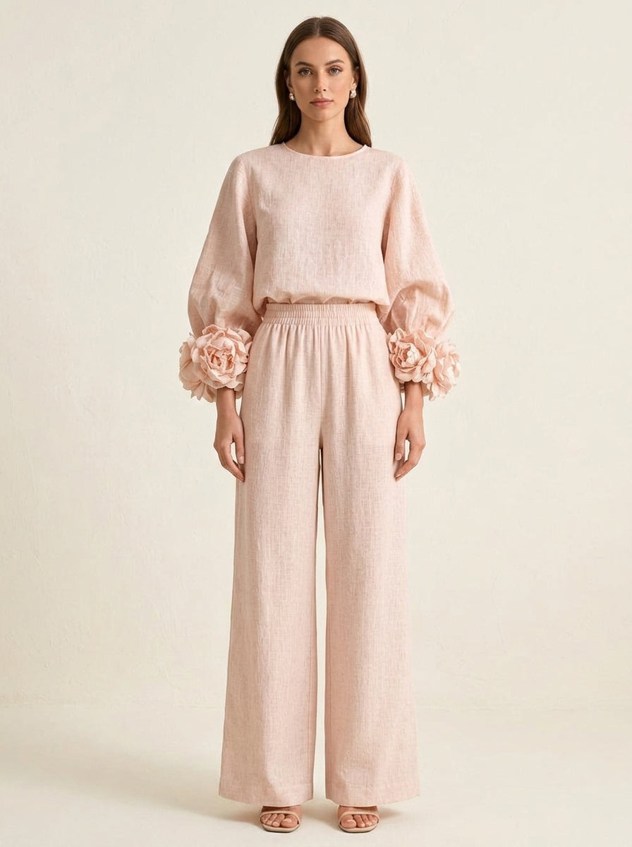 Floral Cuff Long Sleeve Top and Wide Leg Pants Two Piece Set