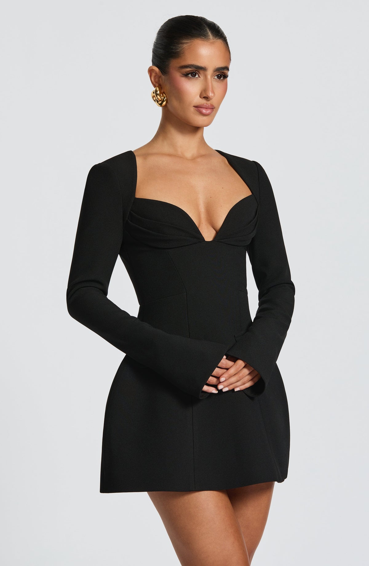 Sweetheart Long Sleeve Flap Pocket Puff Skirt Mini Dress 2