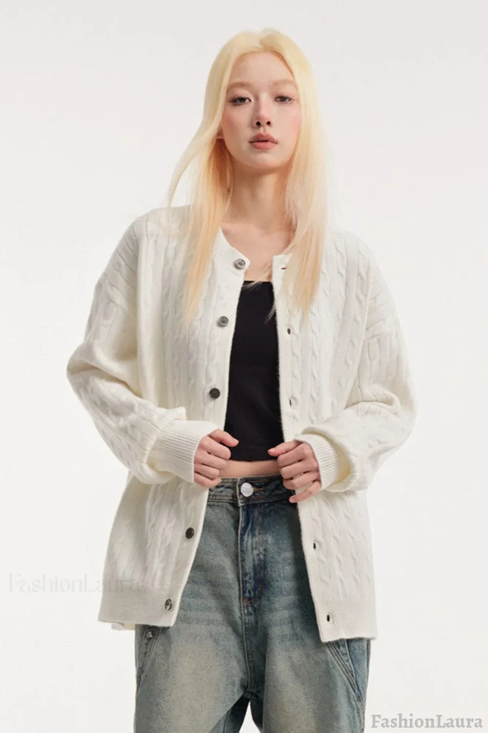 Relaxed Fit Cable Cardigan S / White
