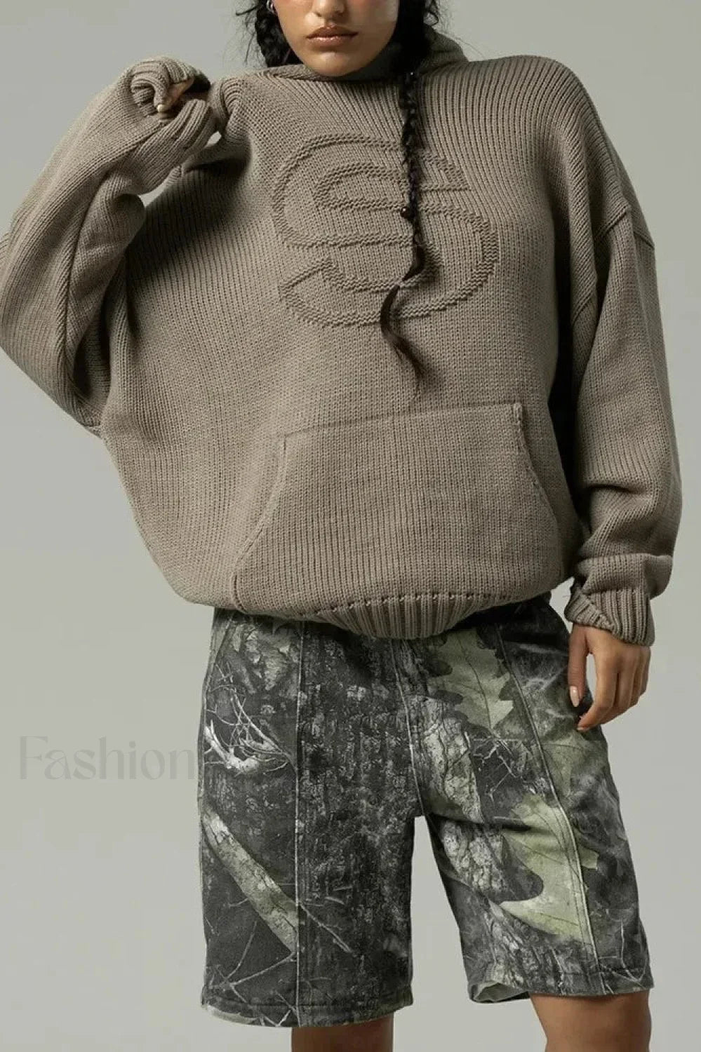 Relief Knitted Casual Loose Hoodie Brown / S