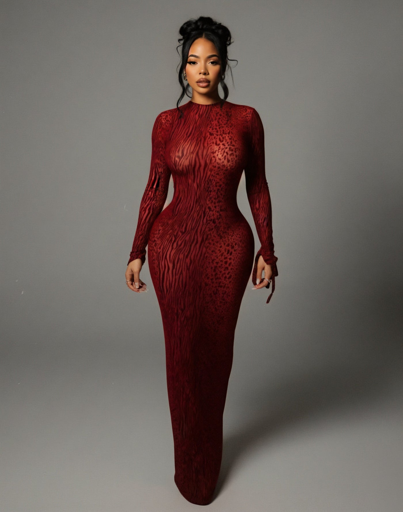 Animal Print Mesh High Neck Long Sleeve Bodycon Maxi Dress