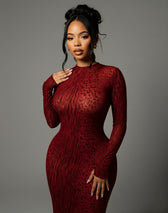 Animal Print Mesh High Neck Long Sleeve Bodycon Maxi Dress 2