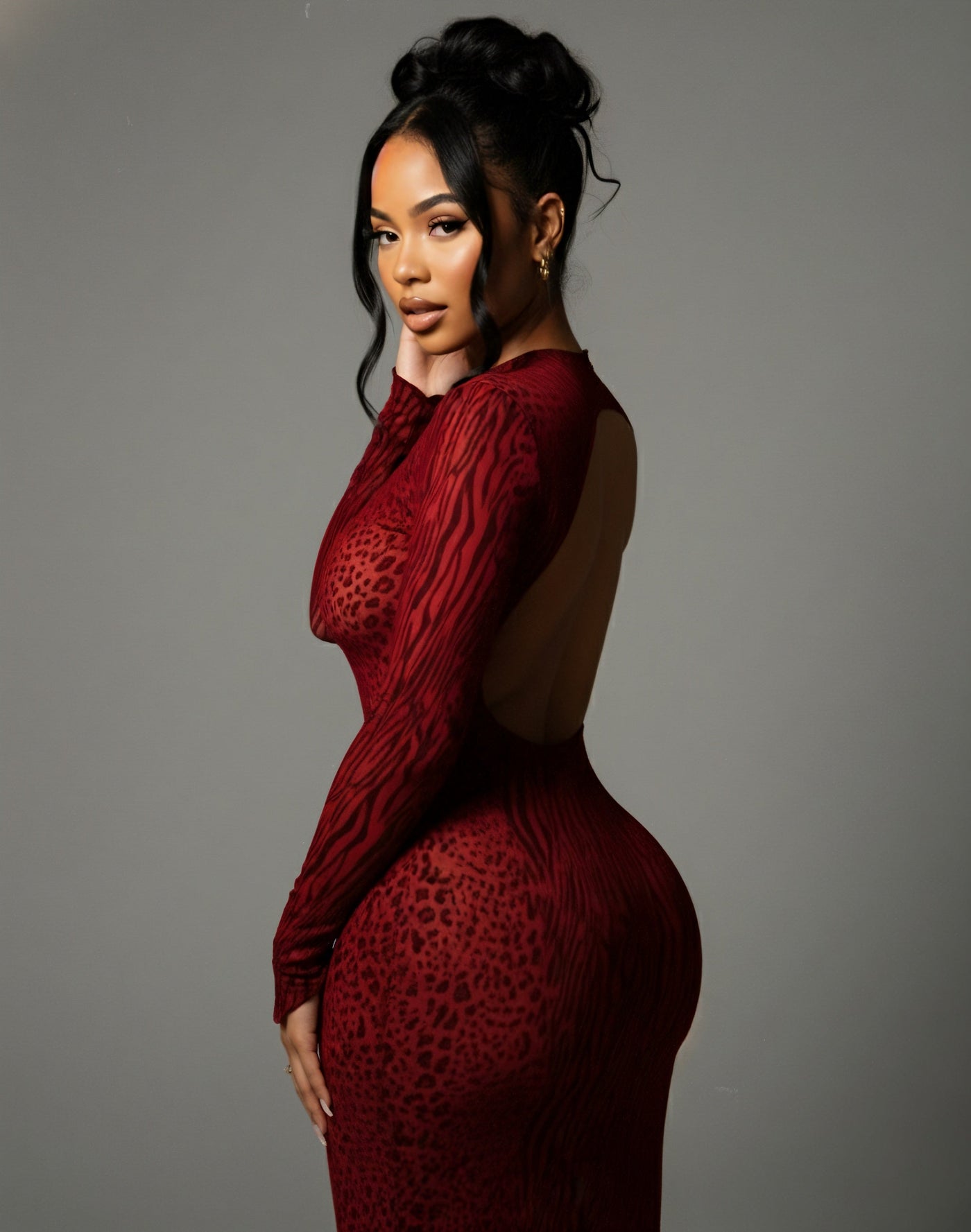 Animal Print Mesh High Neck Long Sleeve Bodycon Maxi Dress 5