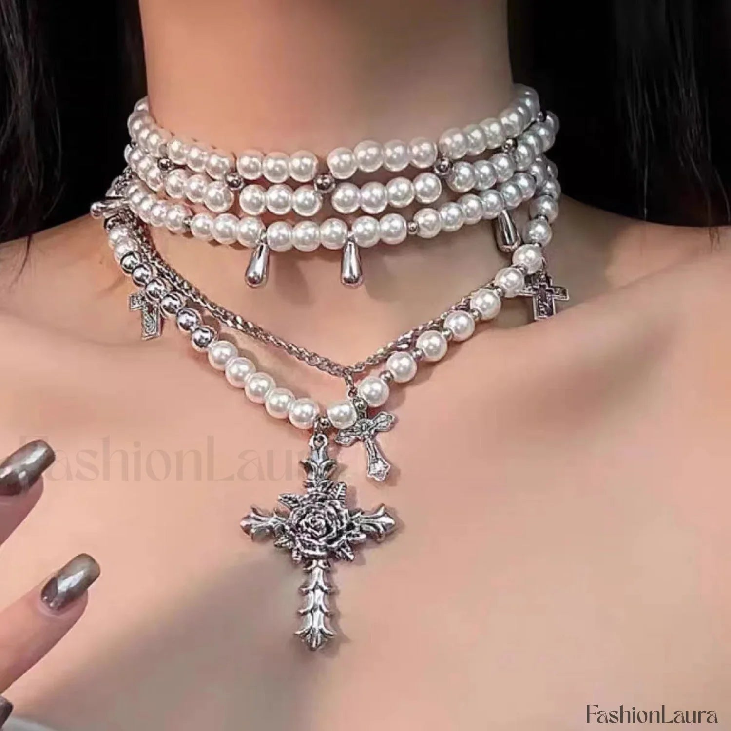 Retro Baroque Style Cross Layered Pearl Necklace