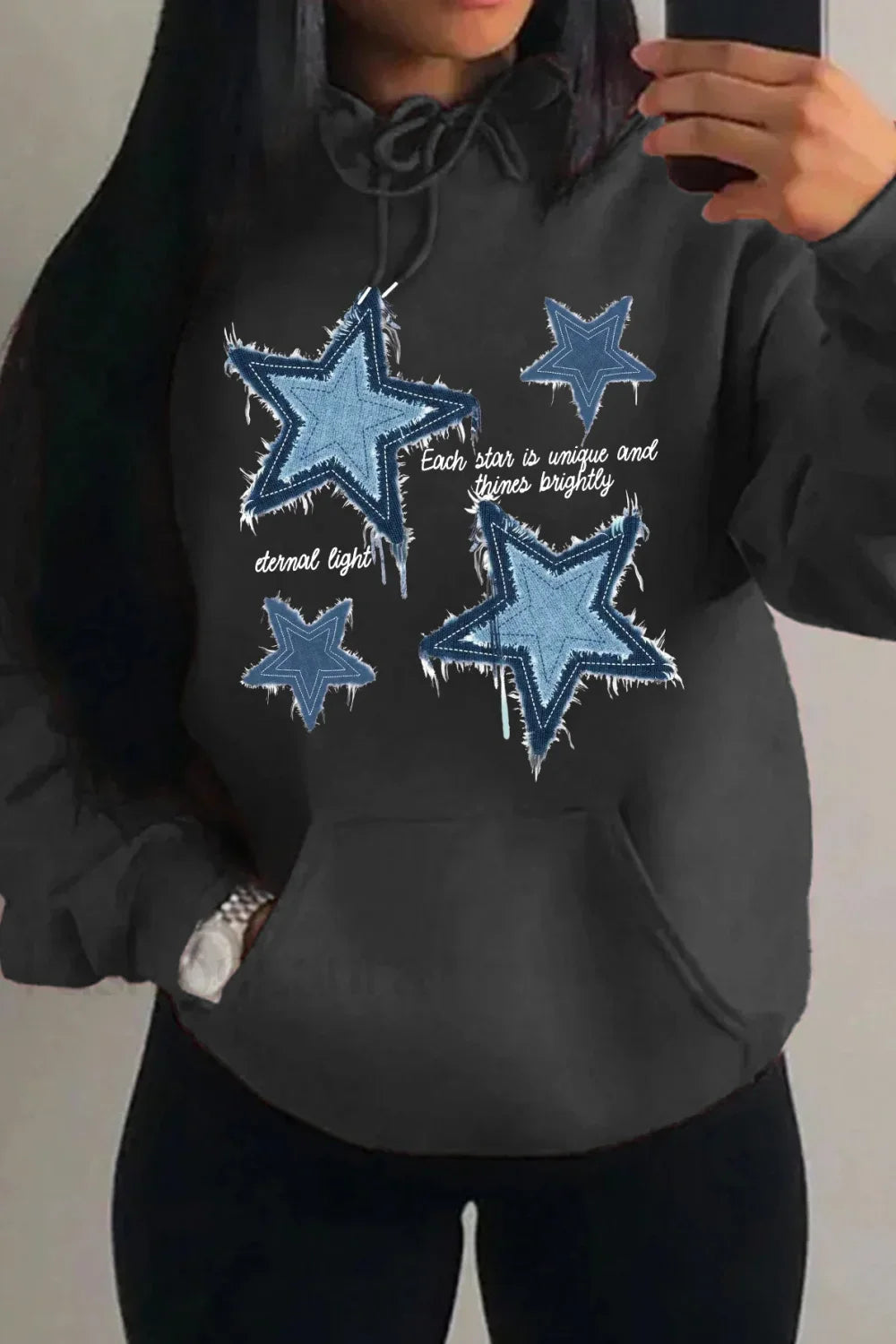 Retro Blue Star Printed Hoodie Dark Grey / S