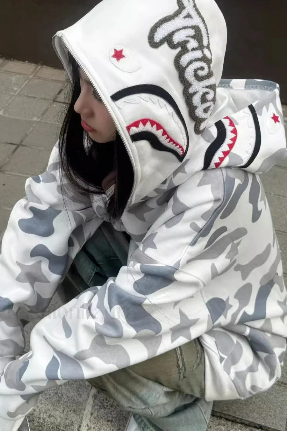 Retro Camo Double Hoodie Zip-Up Hoodie White / S