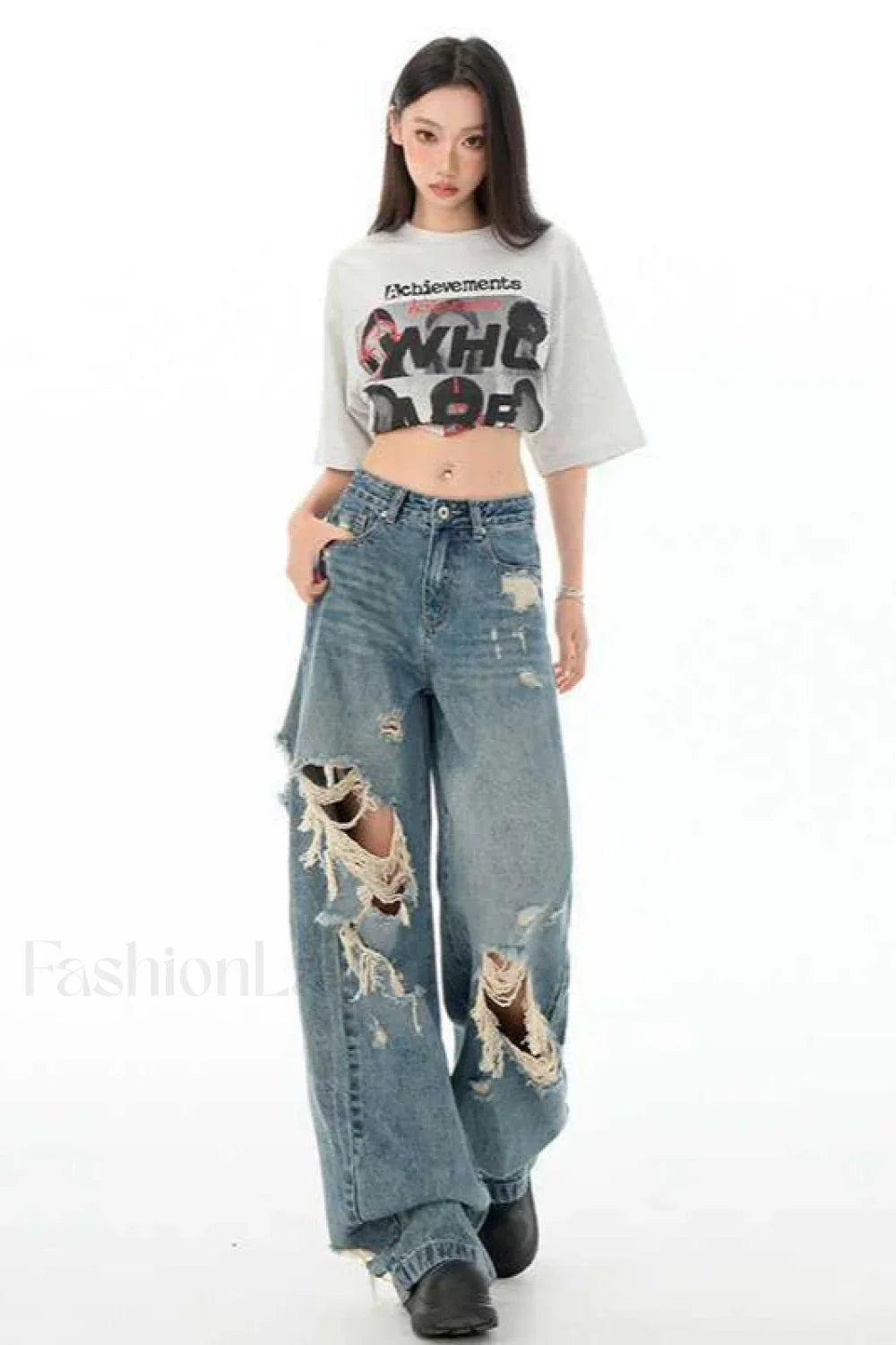 Retro Distressed Long Straight Leg Jeans Blue / XS