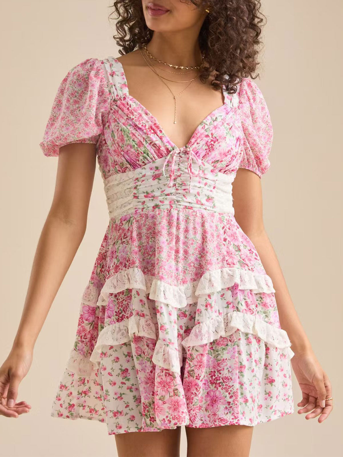 Floral Sweetheart Puff Sleeve Lace Trim Tiered Mini Dress