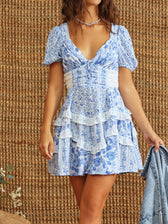 Floral Sweetheart Puff Sleeve Lace Trim Tiered Mini Dress 2