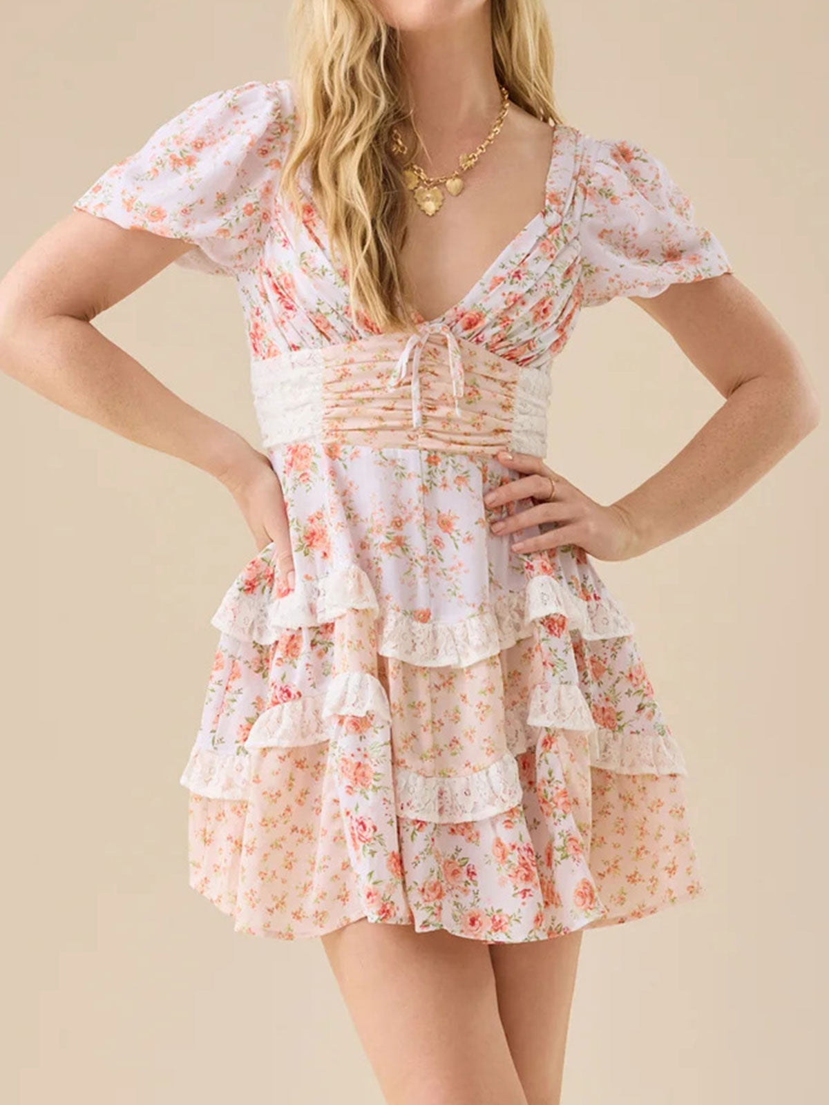 Floral Sweetheart Puff Sleeve Lace Trim Tiered Mini Dress 4