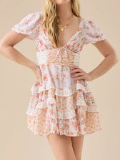 Floral Sweetheart Puff Sleeve Lace Trim Tiered Mini Dress 4