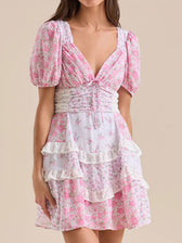 Floral Sweetheart Puff Sleeve Lace Trim Tiered Mini Dress 5