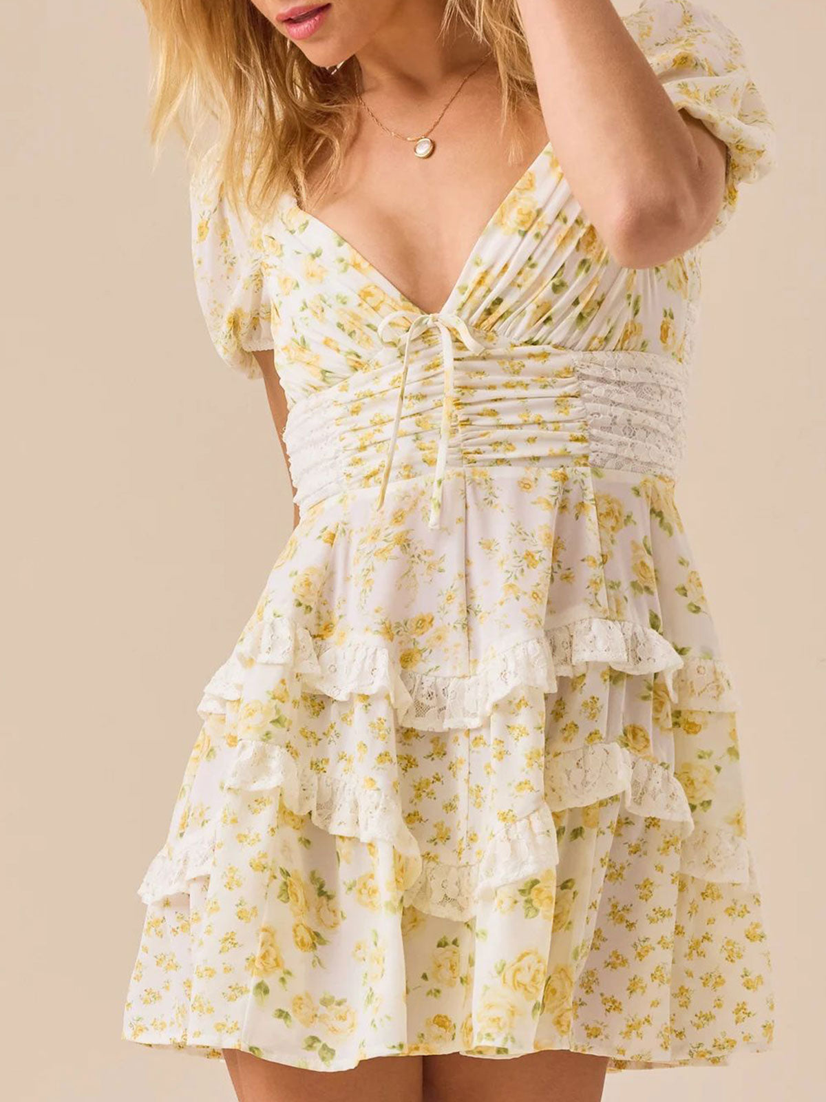 Floral Sweetheart Puff Sleeve Lace Trim Tiered Mini Dress 6