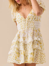 Floral Sweetheart Puff Sleeve Lace Trim Tiered Mini Dress 6