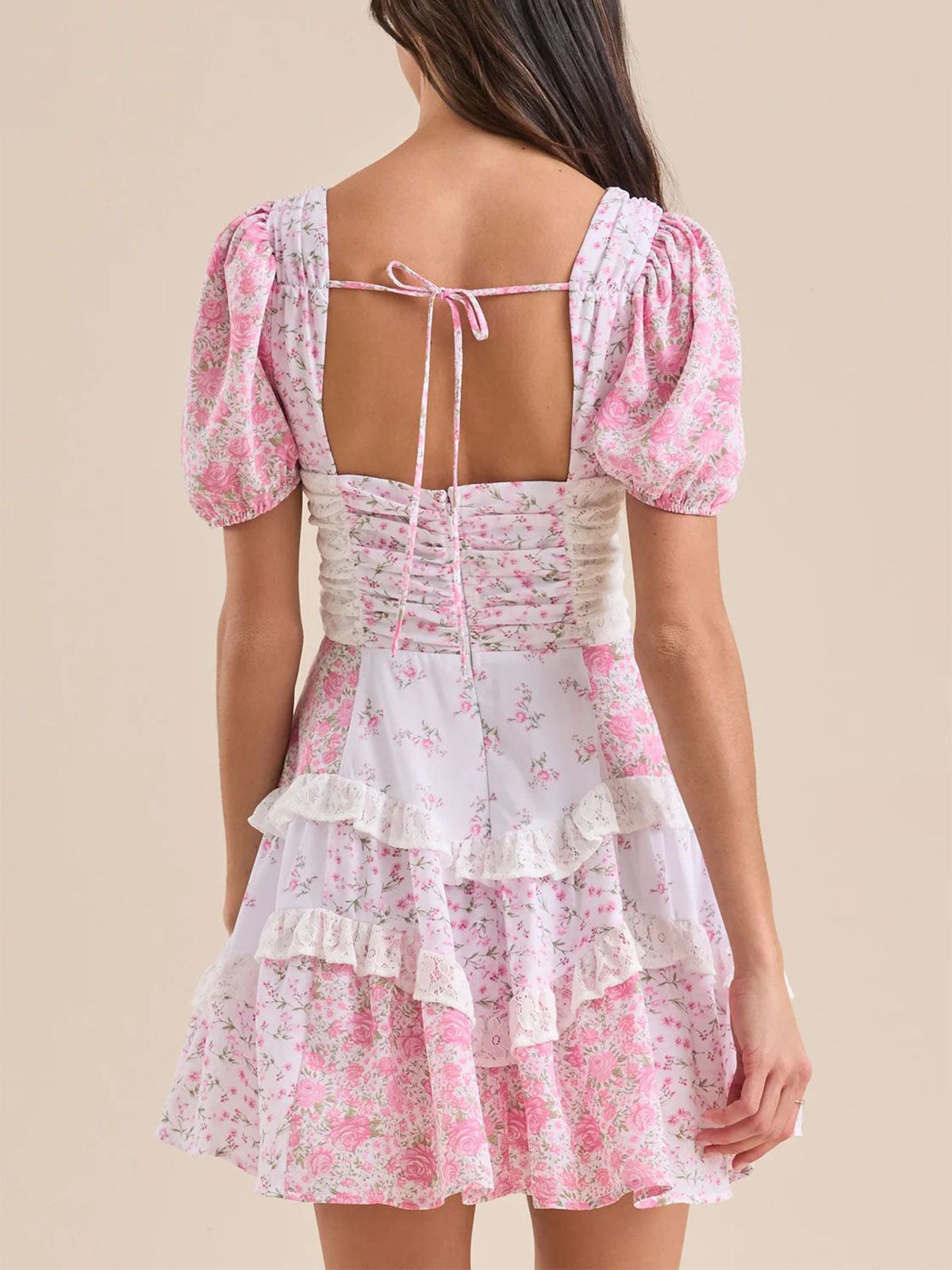Floral Sweetheart Puff Sleeve Lace Trim Tiered Mini Dress 7