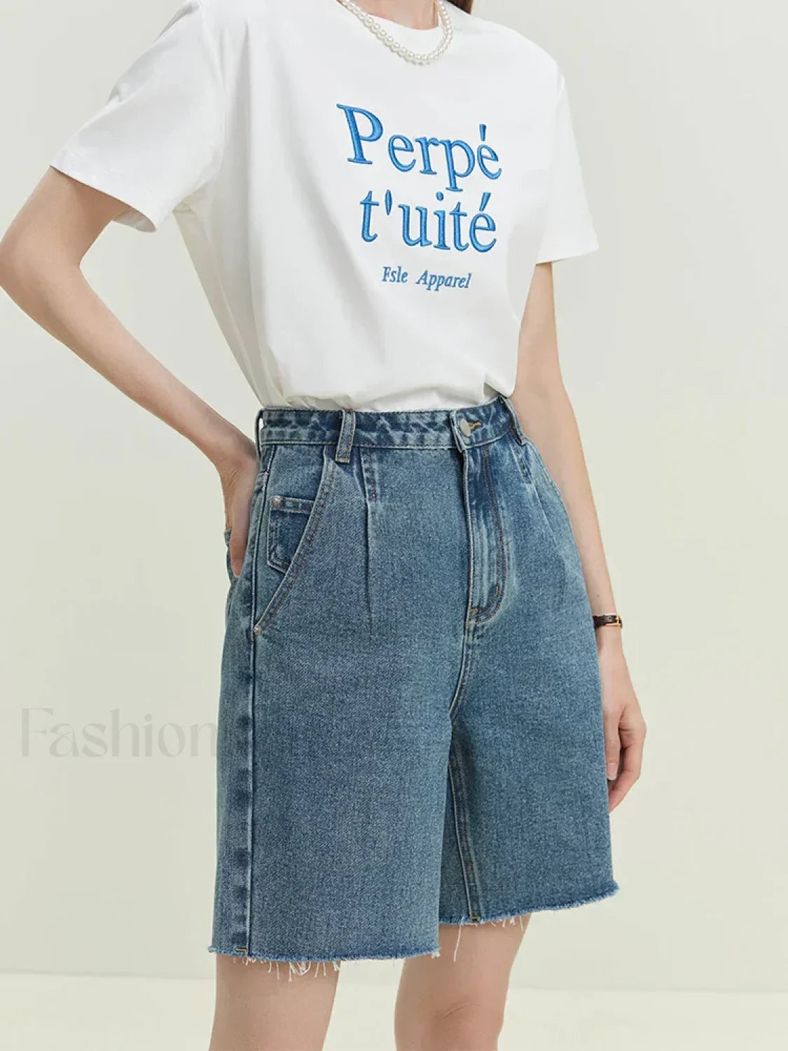 Retro Frayed-trimmed Denim Blue Cotton Shorts