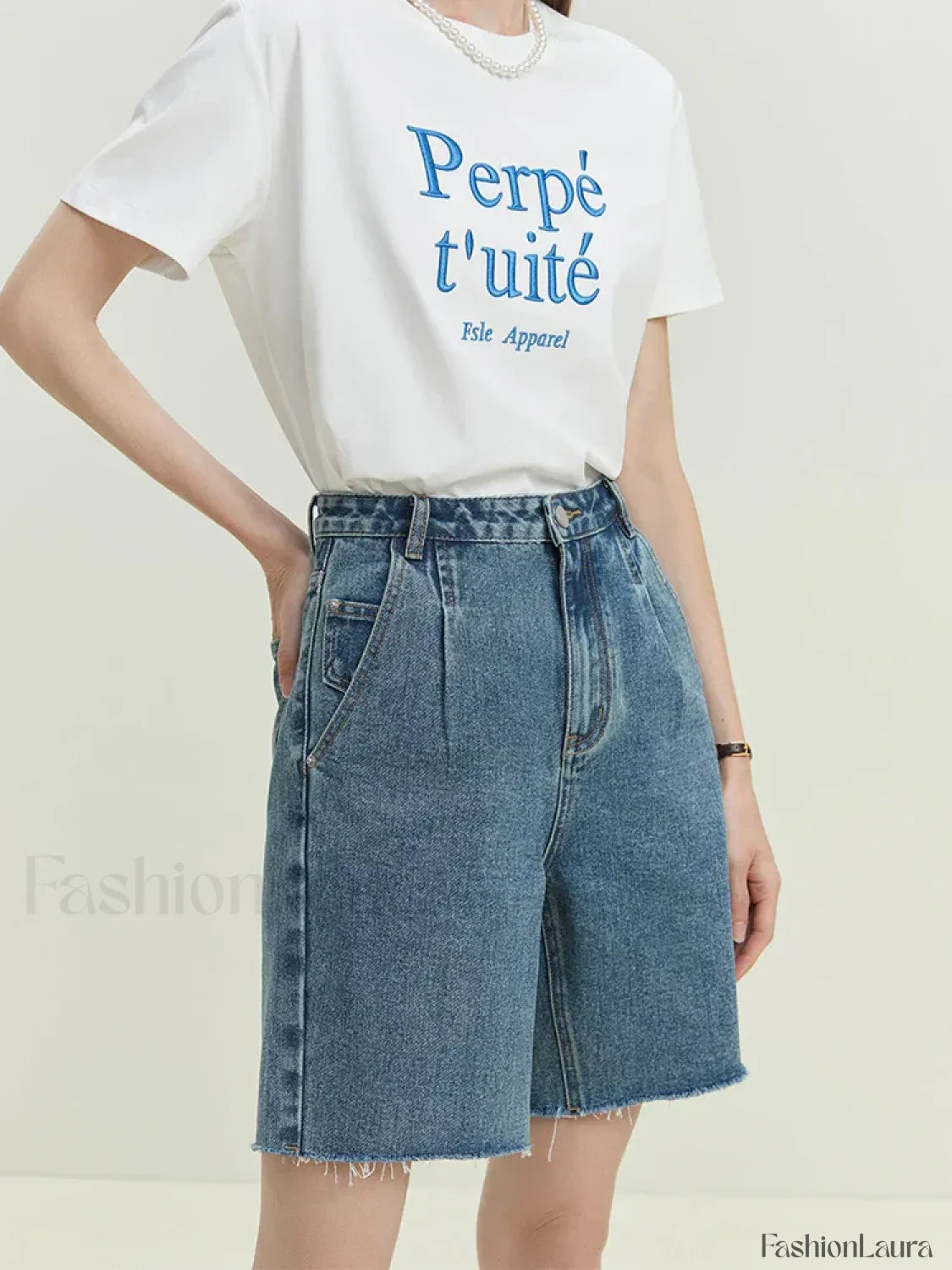 Retro Frayed-trimmed Denim Blue Cotton Shorts