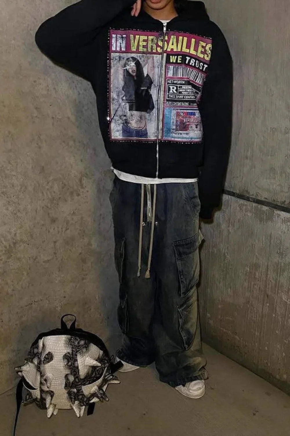 Retro Gothic Print Oversized Hoodie Black / S